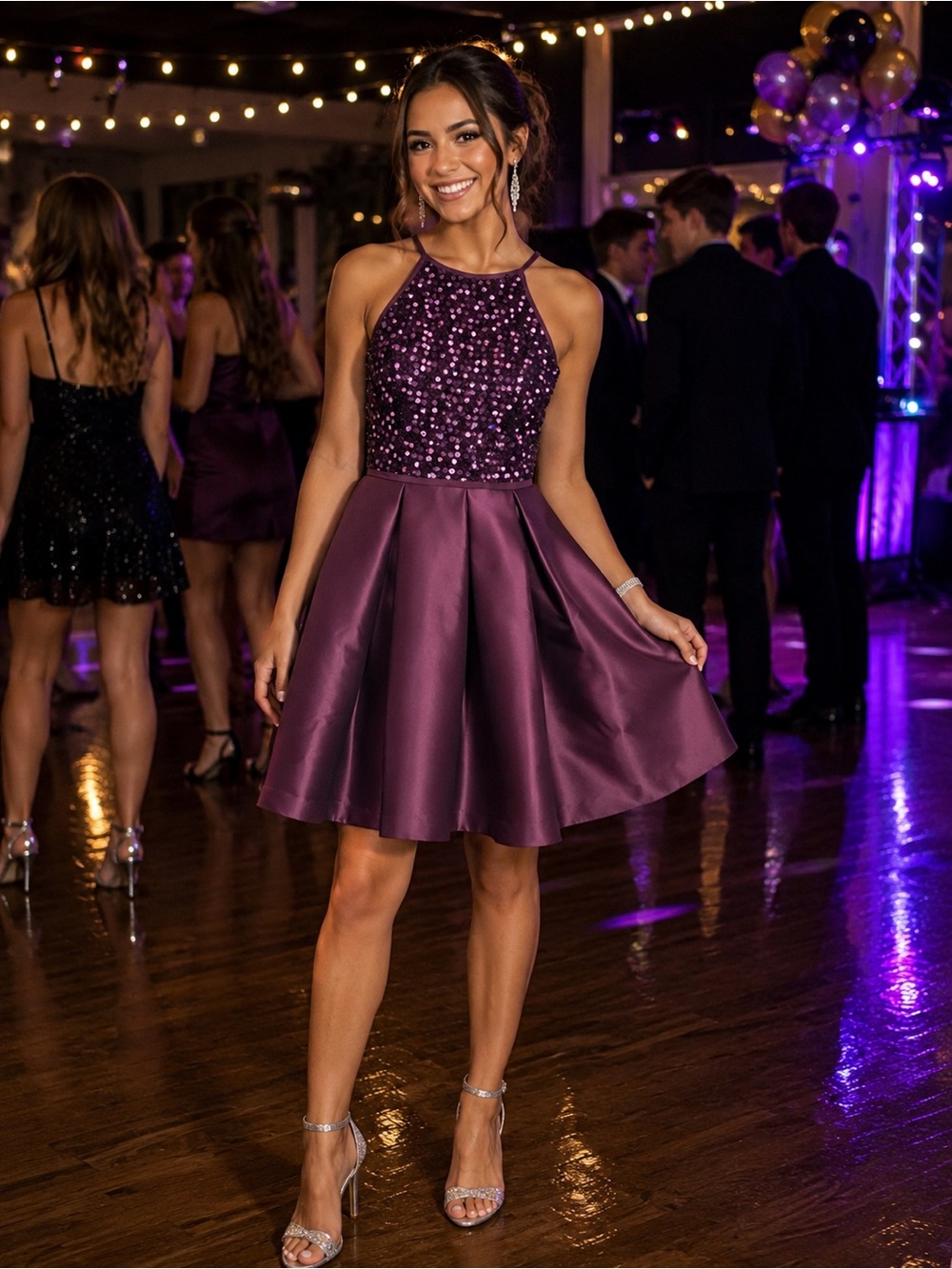 Carmen Marc Valvo Purple Sequin Halter Dress